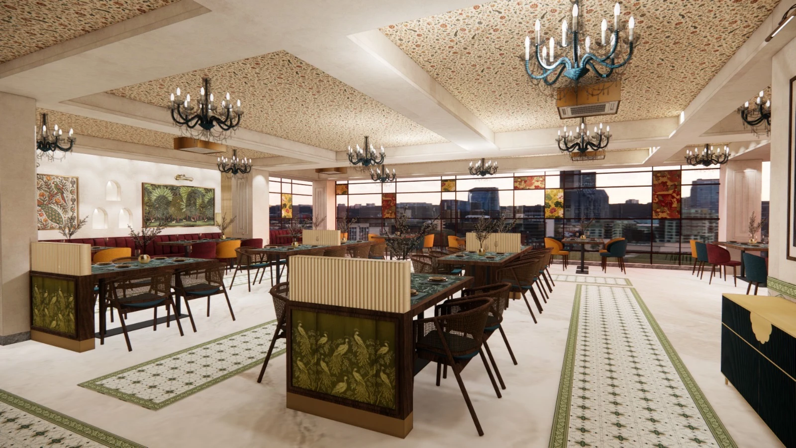 A view across the richly detailed dining room