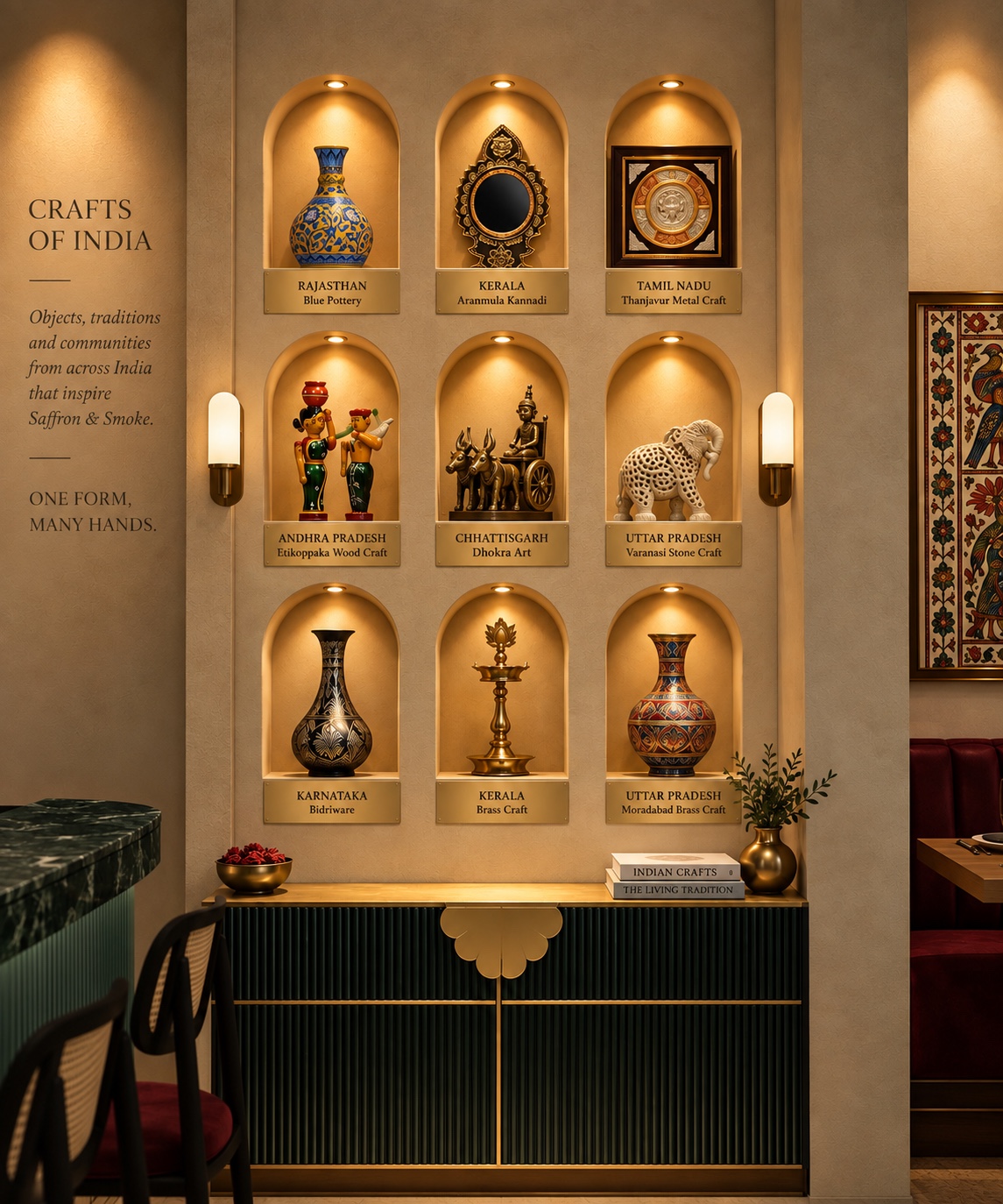The Crafts of India wall with nine illustrated craft traditions